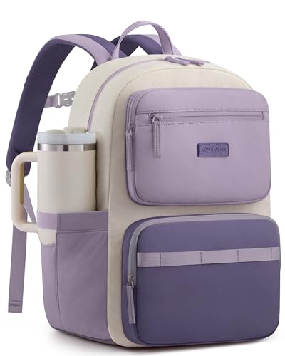 LOVEVOOK Laptop Backpack for Women, School Backpack for Teen Girls with Large Cup Holder, Lightweight Bookbag for College,Work,Travel fits 15.6 Inch Laptop,Purple - color: Beige-purple-a, size: 15.6 Inch