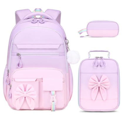 DIGOBAY Backpack for Girls, 3PCS Girls Backpack for School with Lunch Bag Pencil Case, Cute Kids Teens Bookbag for Kindergarten Elementary Preschool Middle School - color: Gradient Purple-pink