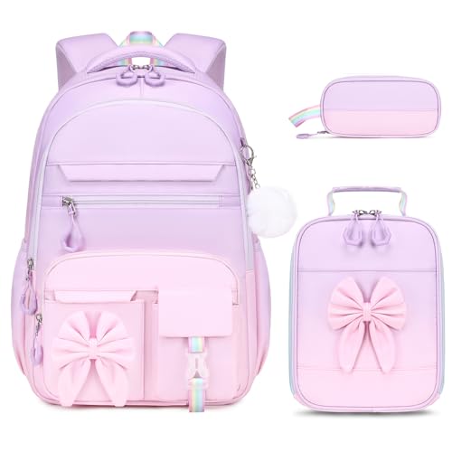 DIGOBAY Backpack for Girls, 3PCS Girls Backpack for School with Lunch Bag Pencil Case, Cute Kids Teens Bookbag for Kindergarten Elementary Preschool Middle School - color: Gradient Purple-pink