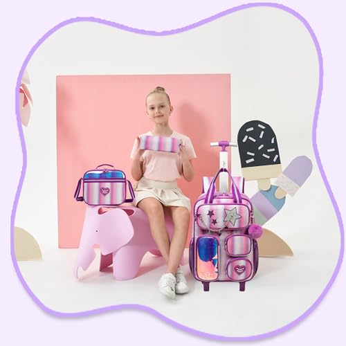 Kids Rolling Backpack with Wheels for Girls Elementary Students Kids Travel Luggage Carry on School Backpack for Girls Ages 6-8 - color: A Stripe