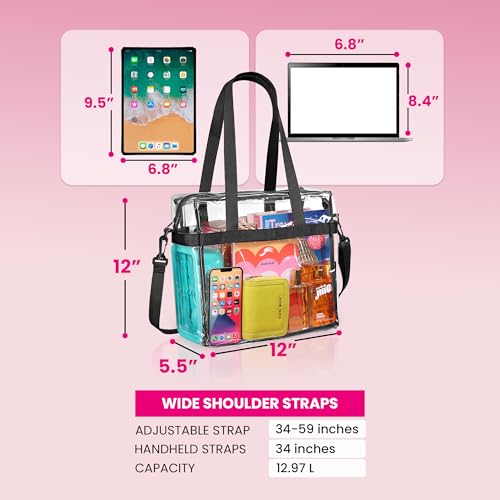 Handy Laundry Clear Bag 12x6x12 Stadium Approved - Transparent Tote Zippered Top & Shoulder Straps for Work, Sports, Concerts - color: Black