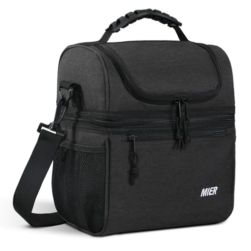 MIER Insulated Lunch Box Bags for Men Women, Dual Compartment, Dark Grey | Leakproof Lunchbox Cooler, Work, Travel, Park Trip, Side Mesh Pockets, Adjustable Shoulder Strap, Zipper Pockets, Durable - color: Dark Gray, size: Medium