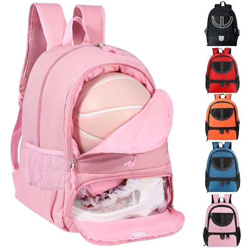 Basketball Bag Backpack for Men Women with Ball & Shoes Compartment 30L Capacity Lightweight Breathable Boys Girls Soccer Ball Bag Backpack Fit Volleyball Football Sports Travel School Gym - color: TK8Pink