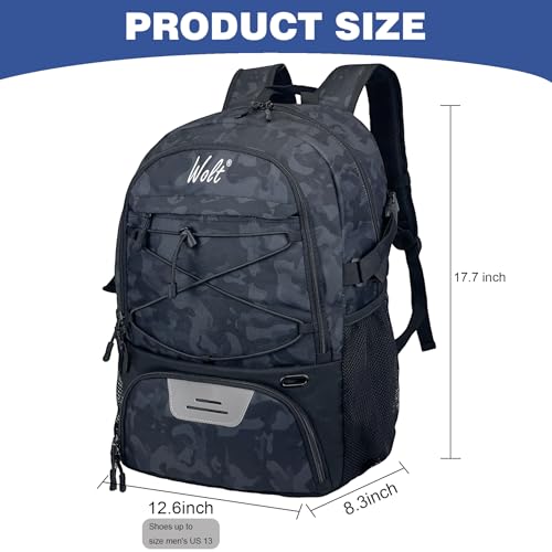 WOLT Basketball Backpack Large Sports Bag with Separate Ball Holder & Shoes Compartment, Best for Basketball, Soccer,Gym - color: Camo Black