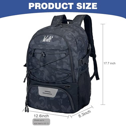WOLT Basketball Backpack Large Sports Bag with Separate Ball Holder & Shoes Compartment, Best for Basketball, Soccer,Gym - color: Camo Black