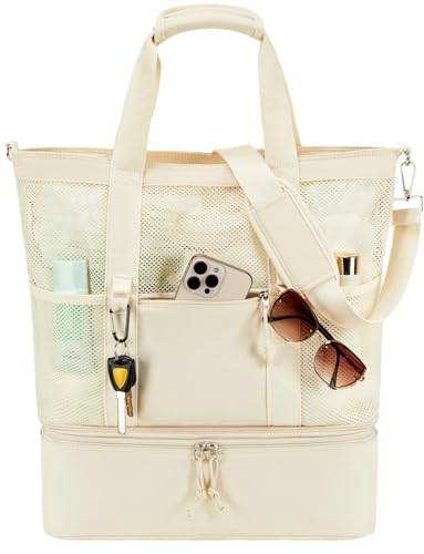 Bluboon Mesh Beach Tote Bag with Cooler Compartment Insulated Detachable Picnic Bag with Zipper and Pocket Pool Bag for Women - color: Solid Beige