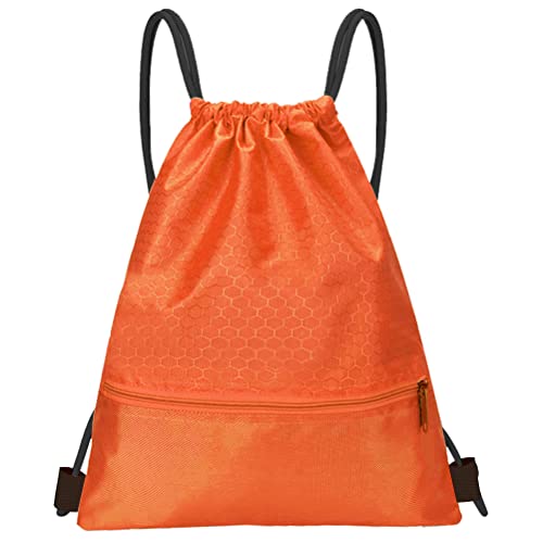 Drawstring Backpack Bag, Waterproof Draw String Back Sack with Zip Pocket, Gym Drawstring Bags Swim Bag for Men Women - color: Orange, Ordinary