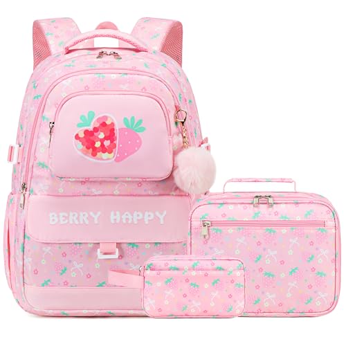 Makukke Girls School Backpack Set, Cute Strawberry Bag with Lunch Box & Pencil Case, Lightweight Durable Bookbag for Elementary Middle - color: Strawberry-pink