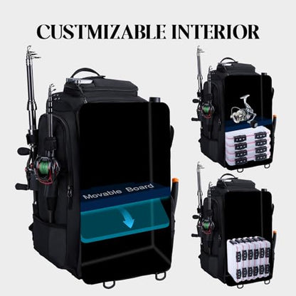 Goture 40L Fishing Tackle Backpack Black, Water-Resistant Fishing Bag with Cooler Compartment & Rain Cover for Saltwater - color: Black, size: A - Trays not included