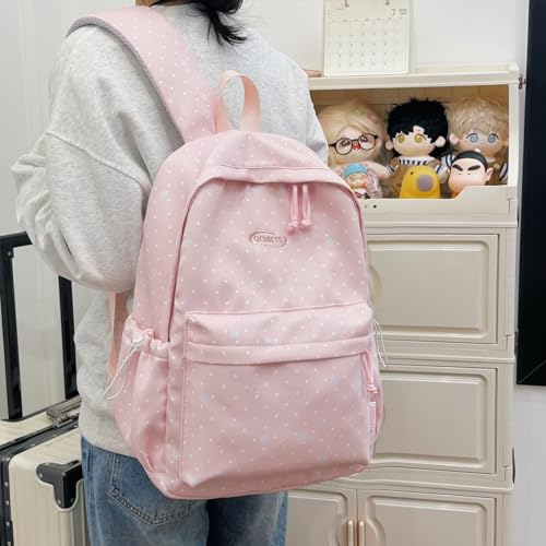 Cute Aesthetic Backpack Y2K Simple Heart Star Print Kawaii Backpacks Travel Laptop Rucksack Backpack for Women (Pink) - color: Pink