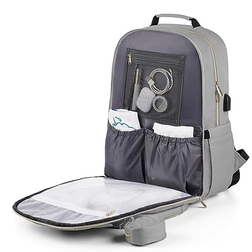 MOMUVO Diaper Bag Backpack, Quilted Baby Bag with Changing Pad and Stroller Straps and Pacifier Case, Large Travel Diaper Bags for Mom Dad, Grey - color: Grey