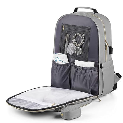 MOMUVO Diaper Bag Backpack, Quilted Baby Bag with Changing Pad and Stroller Straps and Pacifier Case, Large Travel Diaper Bags for Mom Dad, Grey - color: Grey