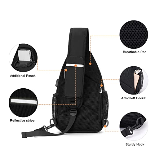 MOSISO Sling Backpack Bag, Crossbody Shoulder Bag Travel Hiking Daypack Chest Bag with Front Square Pocket&USB Charging Port - color: Black