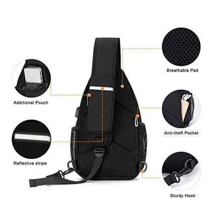 MOSISO Sling Backpack Bag, Crossbody Shoulder Bag Travel Hiking Daypack Chest Bag with Front Square Pocket&USB Charging Port - color: Black