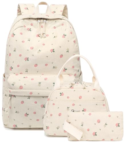 BTOOP School Backpacks for Teen Girls Bookbags Lightweight Kids Backpack School Bags Set with Lunch Box Pencil Case - color: Strawberry Beige