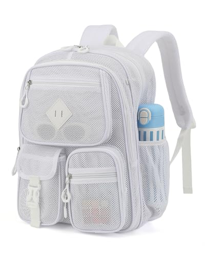 Mesh Backpack for Women Girls, Heavy Duty See Through College School Backpacks with Padded Shoulder Straps Large Capacity Bookbag for Beach Hiking Travel Swimming Outdoor Sports - White - color: White