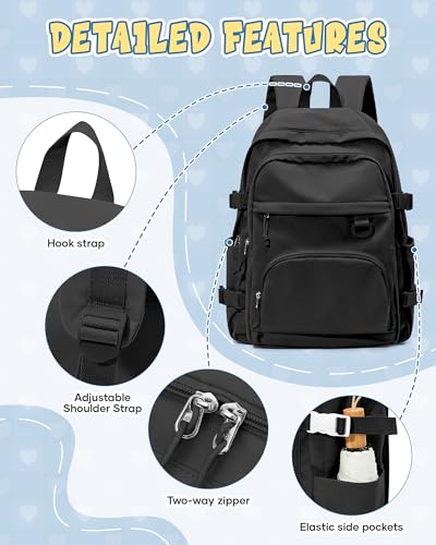 Black Lightweight Backpack for College & High School Backpack With Lots of Pockets Cute School Bag for Girls Boys, Large Capacity Bookbag for Women Men, Waterproof Teens Casual Daypack Backpack - color: Black
