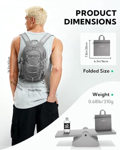 WATERFLY Small Lightweight Packable Backpack: 15L Mini Ultra Light Foldable Travel Daypack with Breathable Shoulder Strap Outdoor Hiking Camping Day Pack for Women Men Gray - color: Grey
