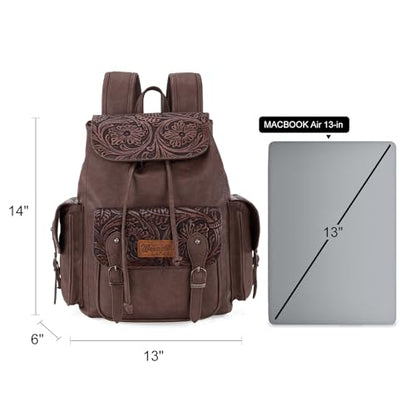 Montana West Wrangler Backpack Purse for Women Men Western Backpack Floral Tooled Travel Bags - color: Carve Coffee