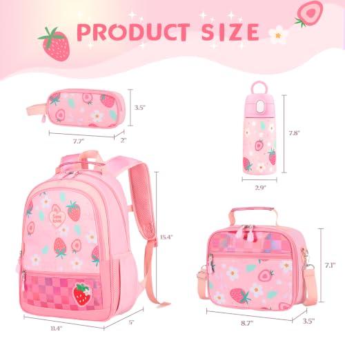 Kids Backpack for Girls 5-8, 4PCS Toddler Backpack with 13oz Kids Insulated Water Bottle, Lunch Box and Pencil Case, Girls Bookbag Schoolbag for Primary Kindergarten Elementary School - color: Strawberry Pink