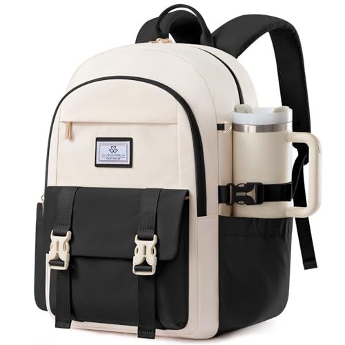 LOVEVOOK School Backpack for Teen Girls Boys,Bookbag for Middle High Student with Pouch Pocket for Large Bottle, Preppy College Bookbag, Waterproof Travel Daypack with 15.6 inch Laptop Compartment - color: Beige-black, size: Medium-15.6" with Side Straps