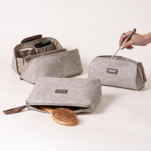 Cabbrix Travel Makeup Bag, Extra Large Capacity 3 Pcs Set Cosmetic Bag for Women, Waterproof PU Leather, Flat Open Portable Toiletry Bag for Skincare, Brushes & Travel Essentials (Apricot) - color: Apricot