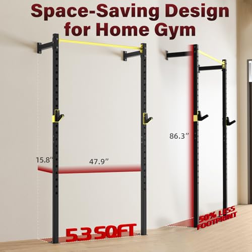 SPORTSOUL Wall Mounted Power Cage, 900lbs Squat Rack with Pull Up Bar for Home Gym, Space-Saving 2"x2" Pull-Up Station with Adjustable J-Hooks for Garage & Apartment - color: Yellow
