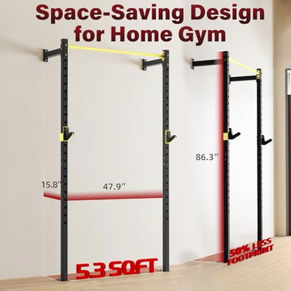 SPORTSOUL Wall Mounted Power Cage, 900lbs Squat Rack with Pull Up Bar for Home Gym, Space-Saving 2"x2" Pull-Up Station with Adjustable J-Hooks for Garage & Apartment - color: Yellow
