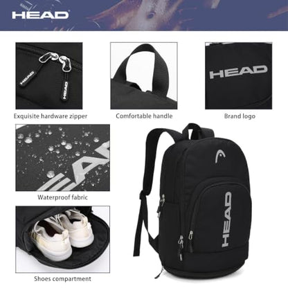 HEAD Gym Tennis Backpack for Men with Shoes Pocket Fits 15.6 inch Laptop - color: Black With Bottom Pocket