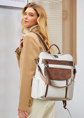 Shrrie Laptop Backpack for Women 15.6 inch,Travel Leather Backpack Purse Nurse Teacher Carry on Backpack Computer Bag,Professional Water-Resistant College Business Work Casual Daypack,Beige with Brown - color: Beige With Brown