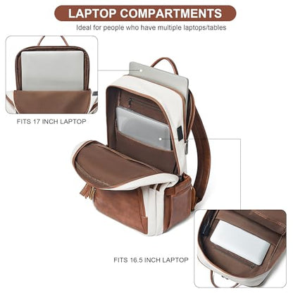 Shrrie 17 Inch Faux Leather Laptop Backpack for Women with Large Cup Holder - color: Beige With Brown