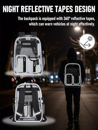 Clear Backpack Heavy Duty for Women Men Boys Girls, Large Clear Bookbag See Through Backpack for School College - color: 13-2#grey-3m Reflective Strips