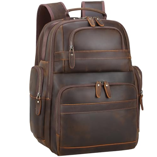 TIDING Men's Vintage Leather Backpack 15.6" Laptop Bag Large Capacity Business Travel Hiking Shoulder Daypacks - color: Coffee Color