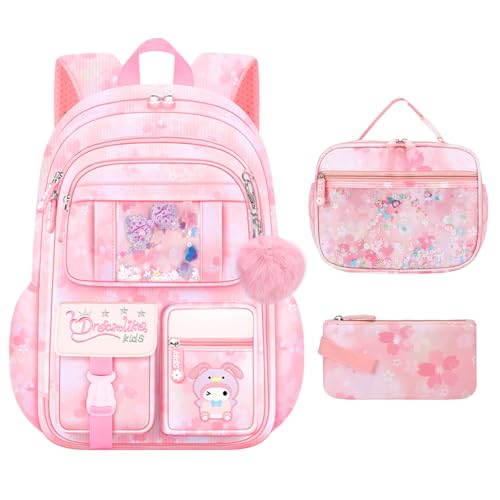 Backpack for Girls 3pcs Set, Kids Backpack for Girls with Lunch Box Pencil Case Set for Teens Elementary Middle School Bags (Pink-3 Pieces Set-1)