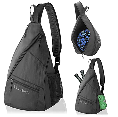 Millenti Sling Bag Crossbody Backpack - Shoulder Chest Casual Daypack Rucksack for Men & Women with a Fence Hook & Water Bottle Holder. Basketball Pickleball Bag Black PB01B