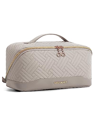 BAGSMART Makeup Bag Cosmetic Bag, Travel Makeup Bag,Water-resistent Makeup Bags for Women Portable Pouch Open Flat Make Up Organizer Bag for Toiletries, Brushes, Tranquil Gray - color: 19-Tranquil Gray