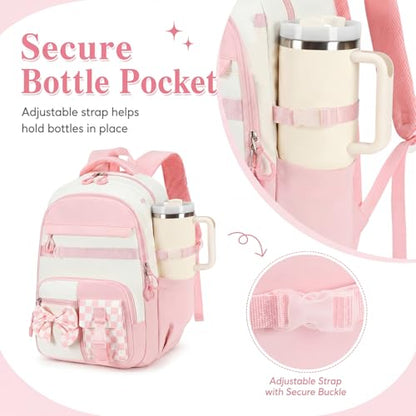 CAMTOP Girls Backpack with Lunch Box & Pencil Case Set, School Backpack for Girls with Large Water Bottle Holder Straps, Waterproof Kids Backpack, Cute Bookbag for Elementary School & Travel - color: Pink White