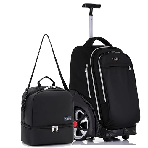 NEW TILAMI 19 Inch Rolling Backpack with Lunch Bag for Girls Boys Wheeled Laptop Backpack Durable Carry-on Bag School Travel, Black - color: Black