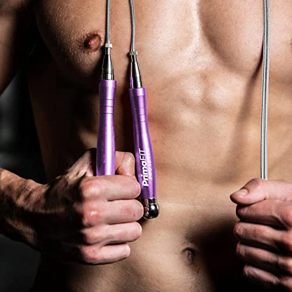 PrimaFIT Jump Rope Pro Speed Skipping Rope Adjustable Adult Jumping Rope Weighted Aluminium Handles for Double Dutch Boxing Workout Crossfit Exercise Fitness Spare Cable Weights Protectors Carry Bag - color: Purple