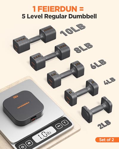 FEIERDUN DB3 5-in-1 Adjustable Dumbbell Set, 6LB/10LB Pair Adjustable Weights for Women at Home, Dual Locking Stable Hand Weights with TPU Soft Handle, Home Gym, Rehab, Pilates, Yoga, Strength Training - color: A-Strength Grey, style: 10LBS Pair (20LBS To