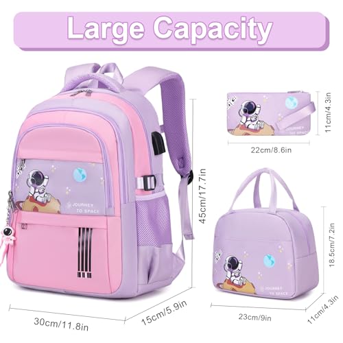 ACESAK Backpack for Girls - Girls Backpack Schoolbag for Kids Children Teens Elementary Middle School Bags, Waterproof Lightweight Kids Bookbag Backpacks Casual Daypack with Lunch Bag Set(Purple Pink) - color: Purple Pink