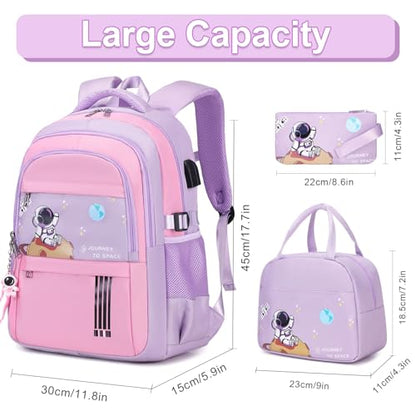 ACESAK Backpack for Girls - Girls Backpack Schoolbag for Kids Children Teens Elementary Middle School Bags, Waterproof Lightweight Kids Bookbag Backpacks Casual Daypack with Lunch Bag Set(Purple Pink) - color: Purple Pink