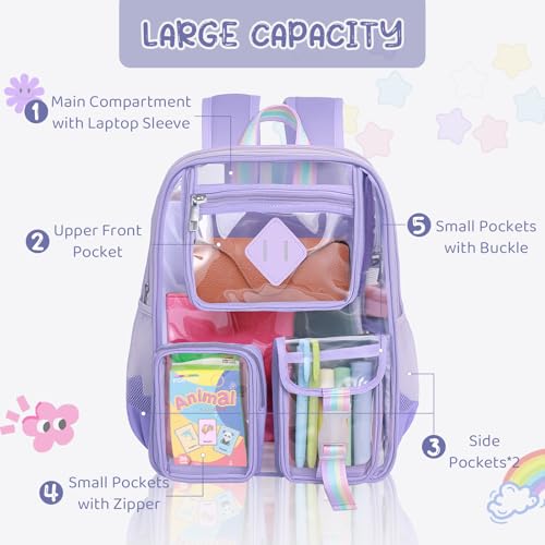 Clear Backpack for Stadium Events, Large Heavy Duty PVC Transparent Backpacks for Girls Women, See Through Backpack for School, Purple