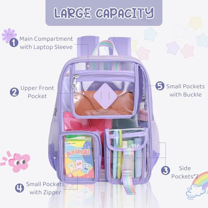 Clear Backpack for Stadium Events, Large Heavy Duty PVC Transparent Backpacks for Girls Women, See Through Backpack for School, Purple