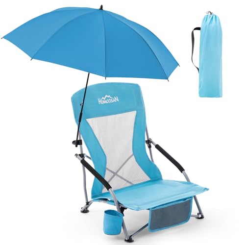 Homcosan Portable Low Folding Beach Chair with Detachable Umbrella - Lightweight Camping Chair for Adults with Cup Holder & Storage Pocket, Carry Bag Included (Blue) - color: Blue, size: 1 Pack, style: chair with umbrella