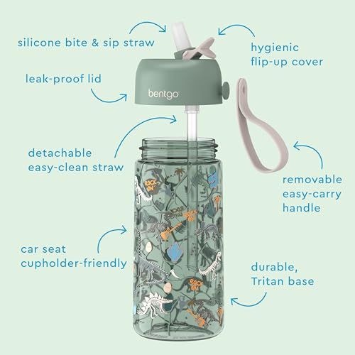 Bentgo Kids Water Bottle 2-Pack - Leak-Proof Durable Tritan BPA-Free 15 oz Cup for Kids/Toddlers Ages 3+; Bite & Sip Spout + Dishwasher Safe for School/Sports/Daycare/Camp (Dinosaur/Dino Fossils) - color: Dinosaur & Dino Fossils