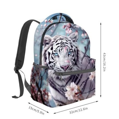 White Tiger Backpack,Cherry Blossom Polyester Backpacks,Lightweight Double Shoulder Back Pack for Kids Teens,Cool Animal Bookbag,School Bag Gifts,Casual Travel Daypack Book Packs - color: White Tiger