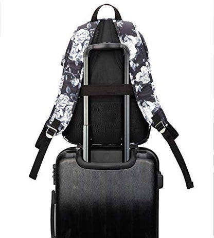Kinmac White Rose Pattern 15 inch Waterproof Laptop Travel Outdoor Backpack With USB Charging Port For 13 inch 14 inch and 15.6 inch Laptop - color: White Rose