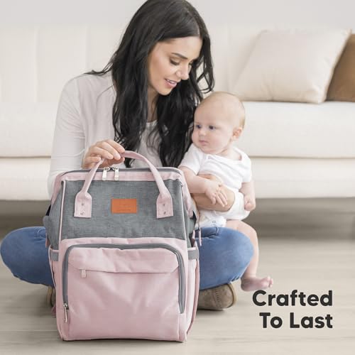 KeaBabies Baby Diaper Bag Backpack - Large Baby Bag for Boys, Girls, Waterproof Multi Function Travel Diaper Backpack with Changing Pad, Durable Travel Essentials for Moms and Dads (Pink Gray) - color: Pink Gray