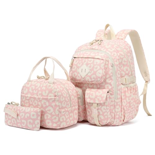 3Pcs Corduroy School Backpack for Girls, Kids Teens Large Capacity School Bag Bookbags Set Casual Daypack Fits 15.6 inch Laptop with Lunch Box and Pencil Case (Corduroy Leopard Pink) - color: Corduroy Leopard Pink